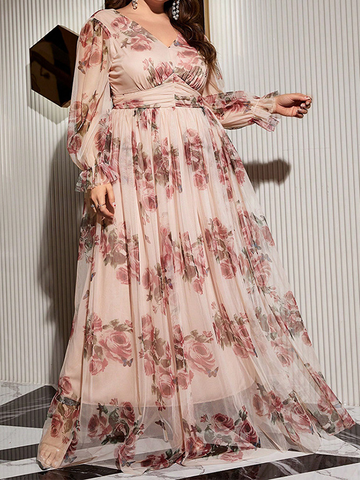 Woochic Robe longue élégante à col en V et manches à volants, grande taille